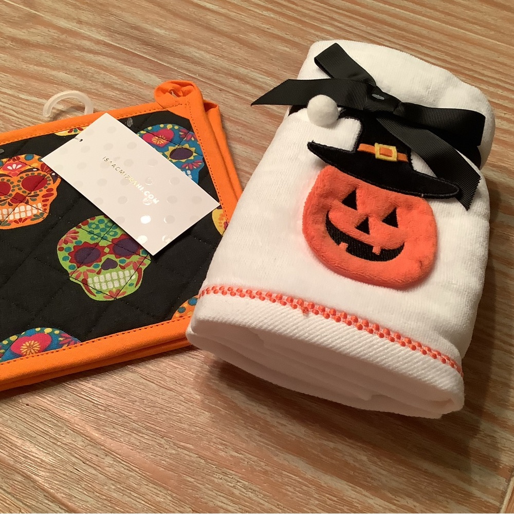Halloween Jack-o'-Lantern Kitchen Towel and Sugar Skull Potholder